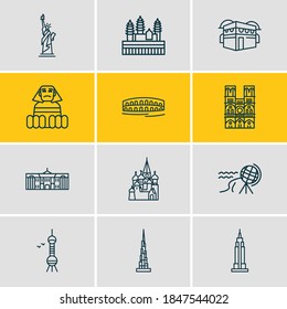 Vector illustration of 12 tourism icons line style. Editable set of statue of liberty, downtown, mecca and other icon elements.