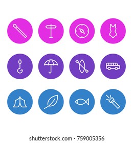 Vector Illustration Of 12 Tourism Outline Icons. Editable Set Of Swimsuit, Canoe, Stick And Other Elements.