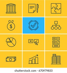 Vector Illustration Of 12 Trade Icons. Editable Pack Of Solution, Chart, Scheme And Other Elements.