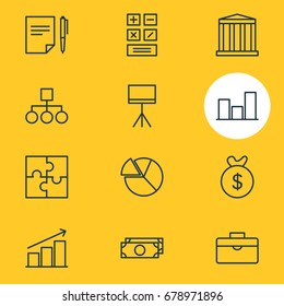 Vector Illustration Of 12 Trade Icons. Editable Pack Of Columns, Calculate, Portfolio And Other Elements.