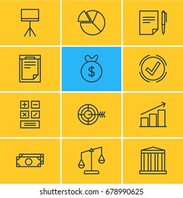 Vector Illustration Of 12 Trade Icons. Editable Pack Of Agreement, Goal, Calculate And Other Elements.