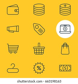Vector Illustration Of 12 Trading Icons. Editable Pack Of Pottle, Advertising, Pocketbook And Other Elements.