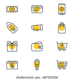 Vector Illustration Of 12 Trading Icons. Editable Pack Of Pocketbook, Coins, Mobile And Other Elements.