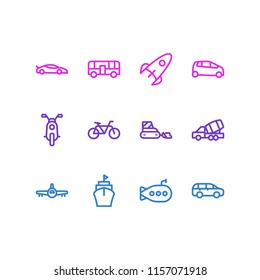 Vector illustration of 12 transit icons line style. Editable set of submarine, construction car, supermini and other icon elements.