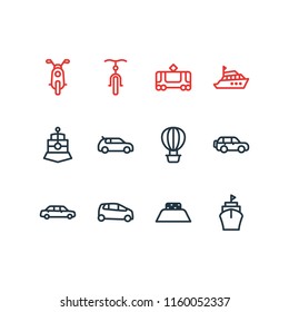 Vector illustration of 12 transit icons line style. Editable set of supermini, ship, yacht and other icon elements.