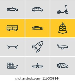 Vector illustration of 12 transit icons line style. Editable set of large car, skate, kick scooter and other icon elements.