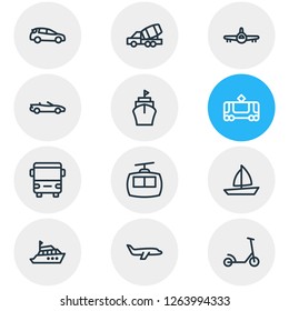 Vector illustration of 12 transit icons line style. Editable set of construction car, ship, kick scooter and other icon elements.