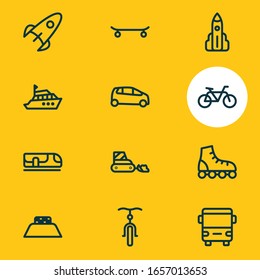 Vektorillustration Illustration von 12 Transitsymbole Linienstil. Bearbeitbarer Satz von Schneewegwagen, Untergrund-, Yacht- und anderen Icon-Elementen.