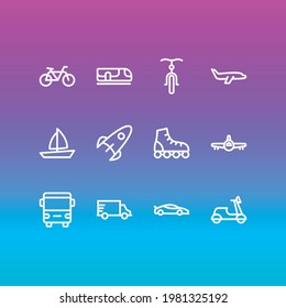 Ilustración vectorial del estilo de línea de 12 iconos de tránsito. Conjunto editable de aviones, barcos, subterráneos y otros elementos de icono.