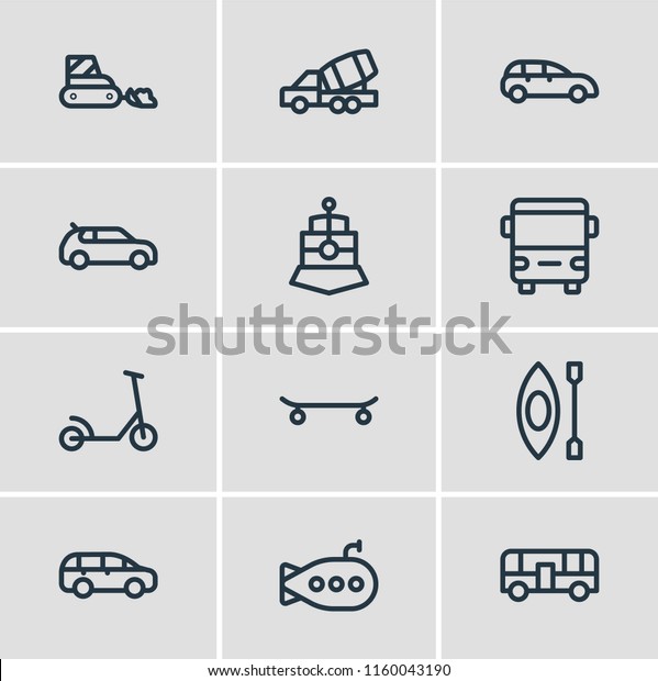 Vector\
illustration of 12 transit icons line style. Editable set of\
autobus, city car, mpv and other icon\
elements.