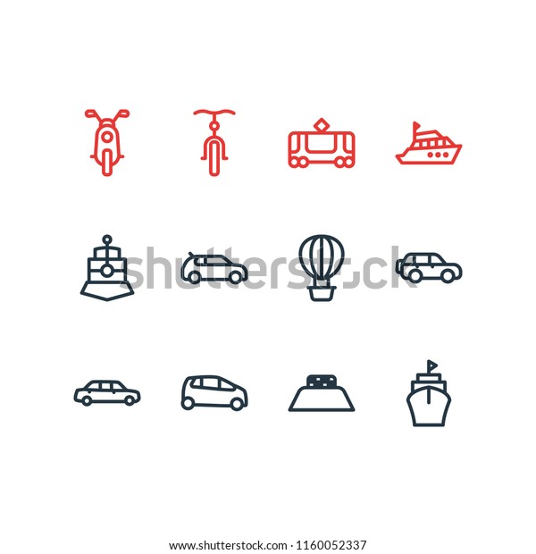 Vector\
illustration of 12 transit icons line style. Editable set of\
supermini, ship, yacht and other icon\
elements.