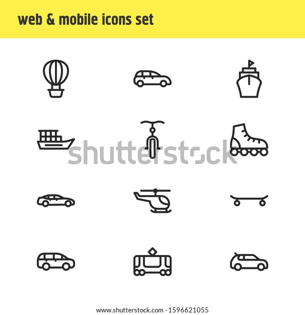 Vector\
illustration of 12 transit icons line style. Editable set of mpv,\
medium car, air balloon and other icon\
elements.