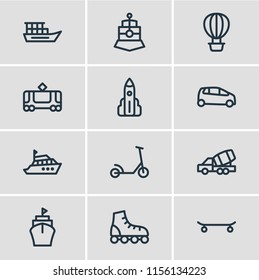 Vector illustration of 12 transport icons line style. Editable set of tram, supermini, construction car and other icon elements.