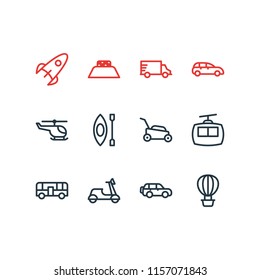 Vector illustration of 12 transport icons line style. Editable set of truck, lawn mower, cabin and other icon elements.