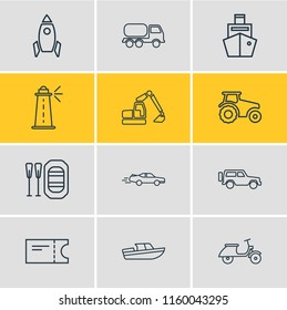 Vector illustration of 12 transport icons line style. Editable set of scooter, digger, space vehicle and other icon elements.