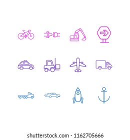 Vector illustration of 12 transport icons line style. Editable set of bike, space vehicle, forklift and other icon elements.