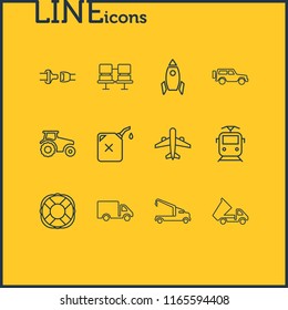 Vector illustration of 12 transport icons line style. Editable set of space vehicle, crane truck, passenger seats and other icon elements.