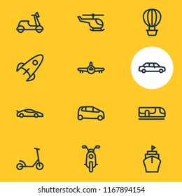 Vector illustration of 12 transport icons line style. Editable set of air balloon, supermini, helicopter and other icon elements.