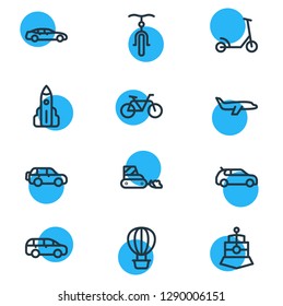 Vector illustration of 12 transport icons line style. Editable set of medium car, bicycle, air balloon and other icon elements.