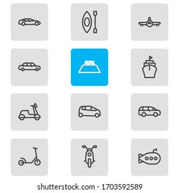 Vector illustration of 12 transport icons line style. Editable set of aircraft, motorcycle, kick scooter and other icon elements.