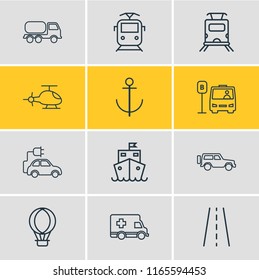 Vector illustration of 12 transportation icons line style. Editable set of suv, subway train, ambulance and other icon elements.
