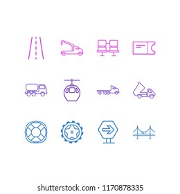 Vector illustration of 12 transportation icons line style. Editable set of lifebuoy, road sign, dump truck and other icon elements.