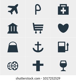 Vector illustration of 12 travel icons. Editable set of academy, harbor, market and other icon elements.