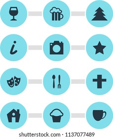 Vector illustration of 12 travel icons. Editable set of bar, theatre, star and other icon elements.
