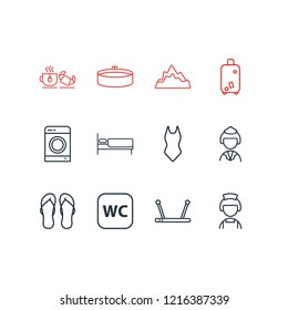 Vector illustration of 12 travel icons line style. Editable set of servant, router, wc and other icon elements.