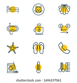 Vector illustration of 12 travel icons line style. Editable set of tea cup, snorkeling, bed and other icon elements.