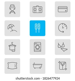 Vector illustration of 12 travel icons line style. Editable set of beach umbrella, pillow, hanger and other icon elements.