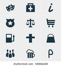 Vector Illustration Of 12 Travel Icons. Editable Pack Of Beer Mug, Cross, Shopping Cart And Other Elements.