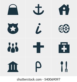 Vector Illustration Of 12 Travel Icons. Editable Pack Of Map Information, Car Park, Home And Other Elements.
