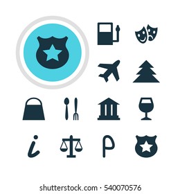 Vector Illustration Of 12 Travel Icons. Editable Pack Of University, Refueling, Jungle And Other Elements.