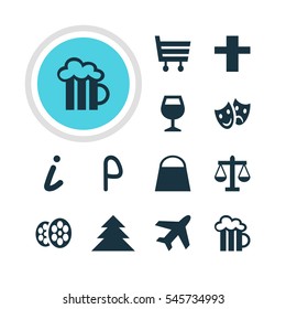 Vector Illustration Of 12 Travel Icons. Editable Pack Of Map Information, Jungle, Shopping Cart And Other Elements.