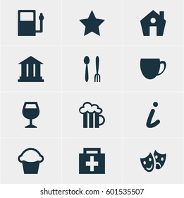 Vector Illustration Of 12 Travel Icons. Editable Pack Of Map Information, Wineglass, University And Other Elements.