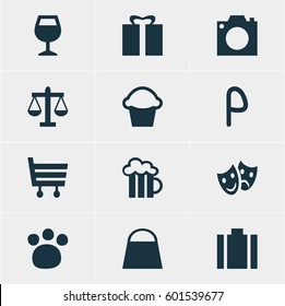 Vector Illustration Of 12 Travel Icons. Editable Pack Of Briefcase, Cake, Shopping Cart And Other Elements.