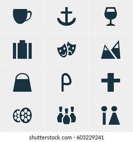 Vector Illustration Of 12 Travel Icons. Editable Pack Of Skittles, Anchor, Car Park And Other Elements.