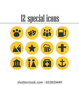Vector Illustration Of 12 Travel Icons. Editable Pack Of Landscape, Refueling, Toilet Elements.