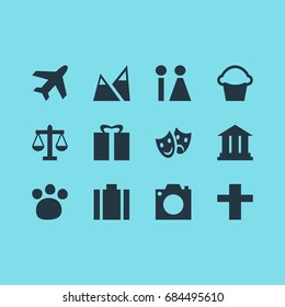Vector Illustration Of 12 Travel Icons. Editable Pack Of University, Cake, Landscape Elements.