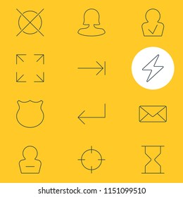 Vector illustration of 12 UI icons line style. Editable set of delete account, screenshot, full screen and other icon elements.