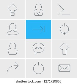 Vector illustration of 12 UI icons line style. Editable set of command line, arrow, publish icon elements.