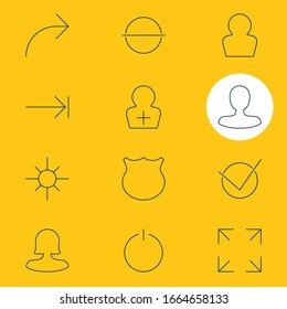 Vector illustration of 12 UI icons line style. Editable set of low brightness, profile, check and other icon elements.