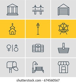 Vector Illustration Of 12 Urban Icons. Editable Pack Of Building, Parking, Awning And Other Elements.