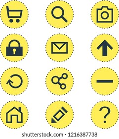 Vector illustration of 12 user icons. Editable set of trading cart, share, search and other icon elements.