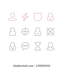 Ilustración vectorial de 12 iconos de usuario estilo de línea. Conjunto editable de miembros confirmados, escudo, relámpago y otros elementos de icono.