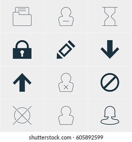 Vector Illustration Of 12 User Icons. Editable Pack Of Banned Member, Hourglass, Downward And Other Elements.