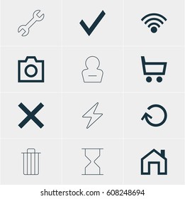 Vector Illustration Of 12 User Icons. Editable Pack Of Cordless Connection, Wheelbarrow, Mainpage And Other Elements.