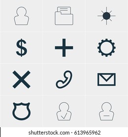 Vector Illustration Of 12 User Icons. Editable Pack Of Letter, Cogwheel, Dossier And Other Elements.