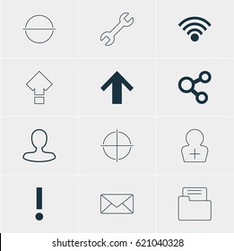 Vector Illustration Of 12 User Icons. Editable Pack Of Wrench, Top, Cordless Connection And Other Elements.